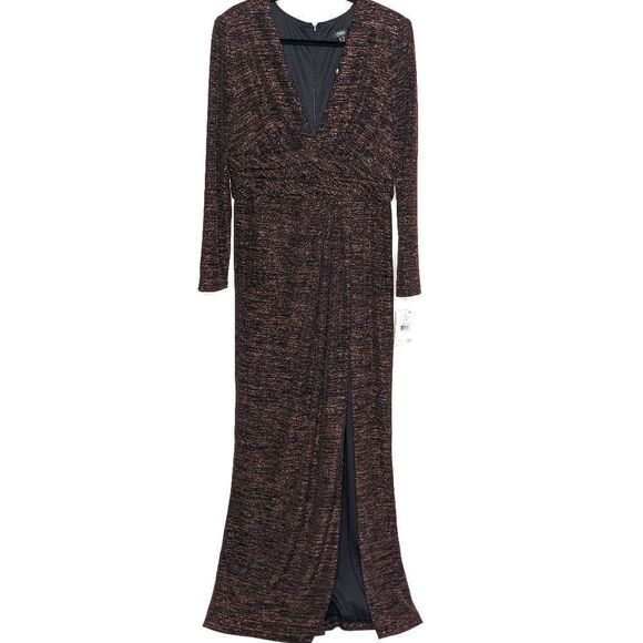 Aidan Mattox Copper V-Neck Gown with Waistband Maxi Dress Long Sleeves - Picture 3 of 11